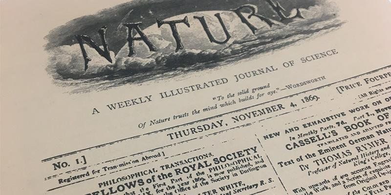 This is a picture of the Thursday, November 4, 1869 issue of Nature, labeling it "A Weekly Illustrated Journal of Science."