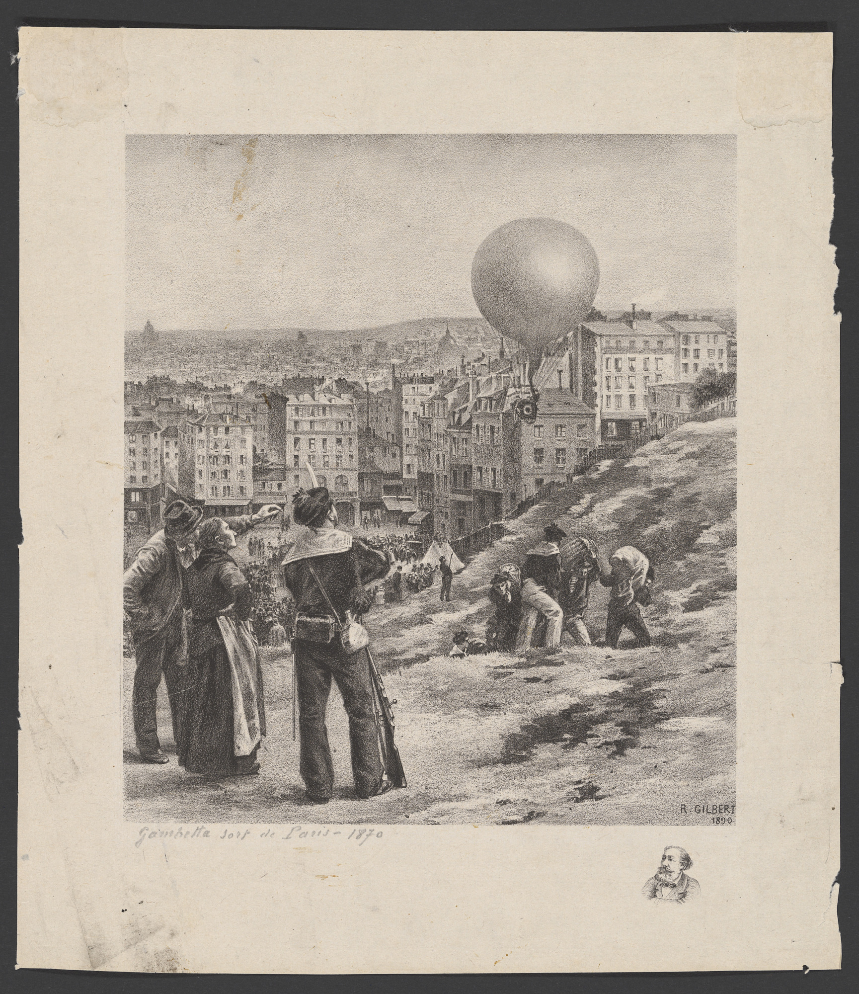 A balloon rises above besieged Paris. Three figures in the left foreground watch its progress. There is a small portrait of a bearded man in the picture's border lower right.