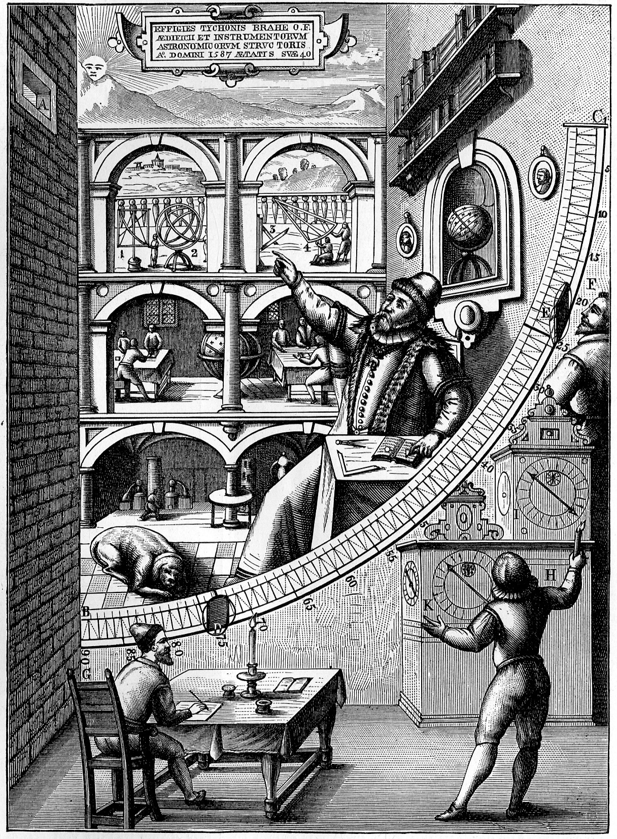 Tycho Brahe Black and white engraving depicting Tycho Brahe in his observatory at Uraniborg