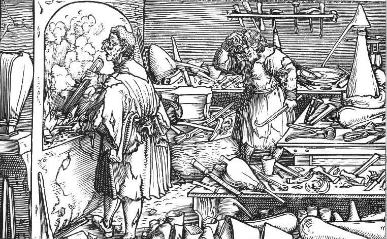 Hans Weiditz Wood engraving of two alchemists working in a laboratory, 1532.