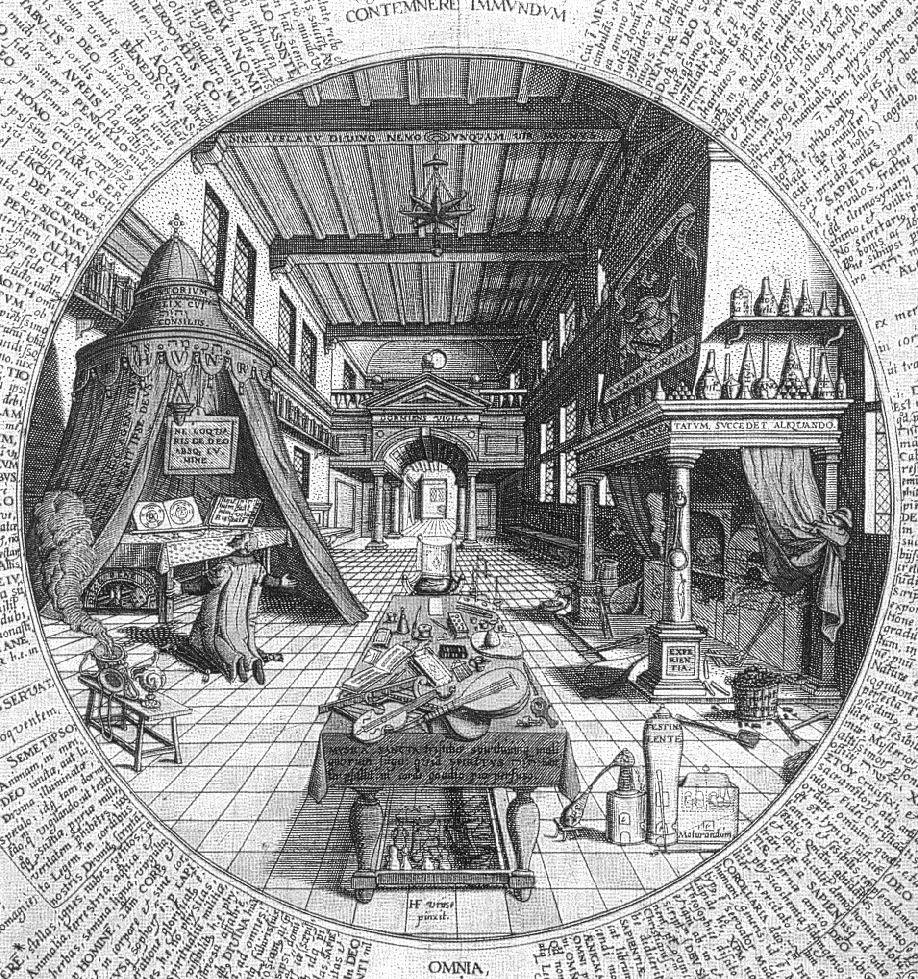 Paul van den Doort A copperplate engraving depicting an alchemist's laboratory, 1609