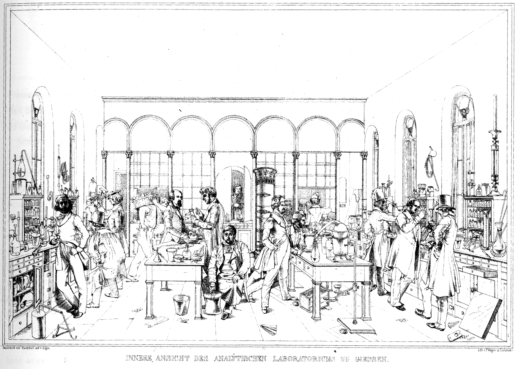 Analytical Laboratory Lithograph depicting the interior of the Analytical Laboratory in Gießen, 1842.