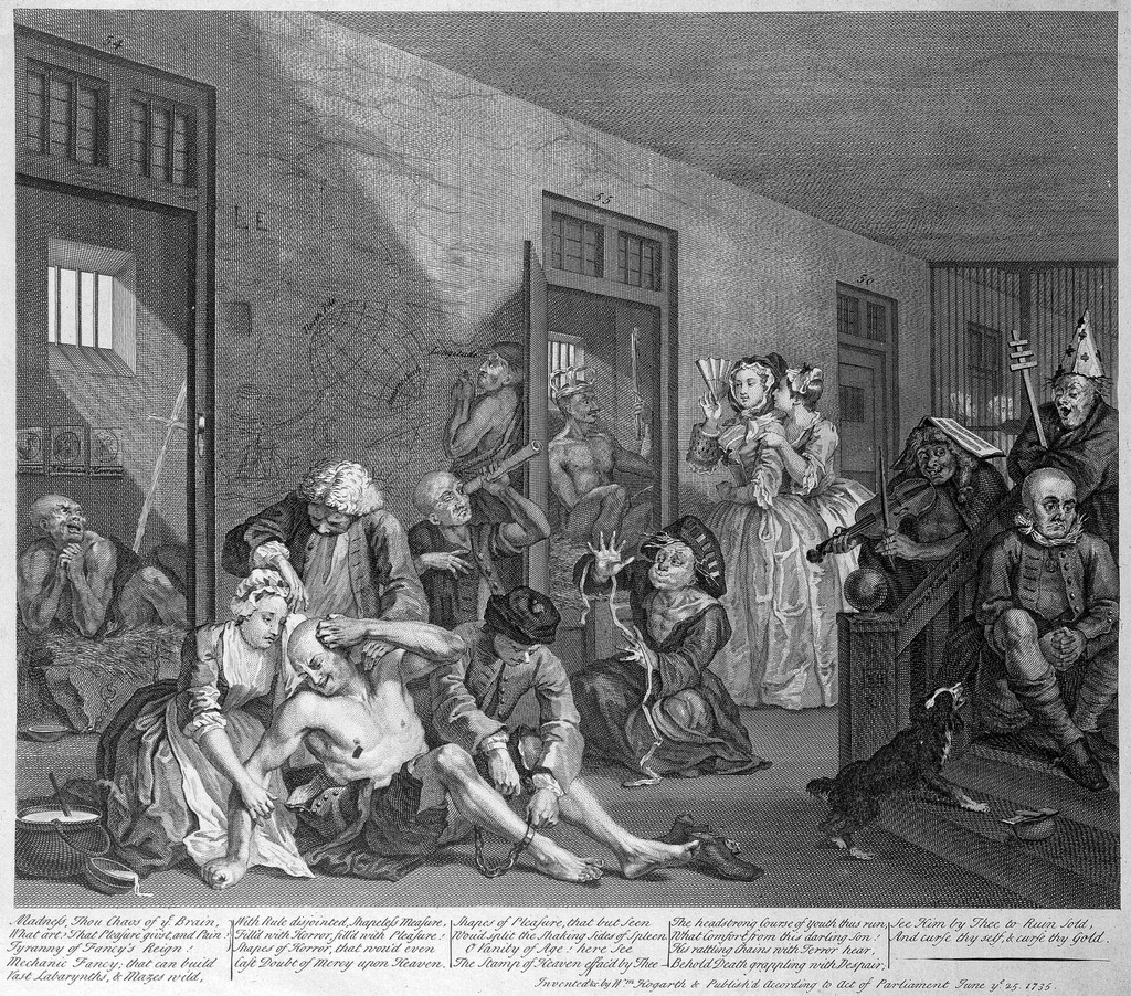 "Scene at Bedlam" The "Scene at Bedlam" from William Hogarth's The Rake's Progress, 18th century. A print depicting a scene in Bedlam. Among many deranged figures, a man is drawing a longitude diagram on a wall.