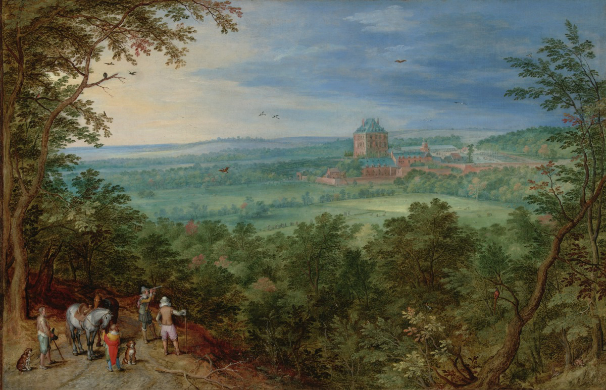 "extensive Landscape with View of the Castle of Mariemont," by Jan Breughel the Elder (1609-1611) The first painting depicting a Dutch spyglass. Several figures in the lower left overlook a vista of trees and fields, with a red structure in the middle distance.