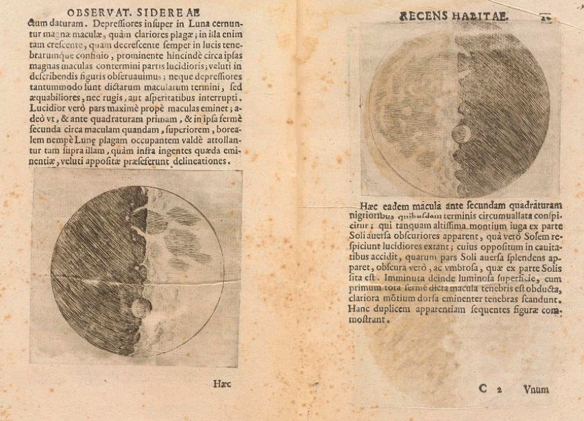 Two pages from Galileo's sidereus nuncius framing two drawings of the moon, showing it half in shadow and half in light, set in the midst of Latin text.
