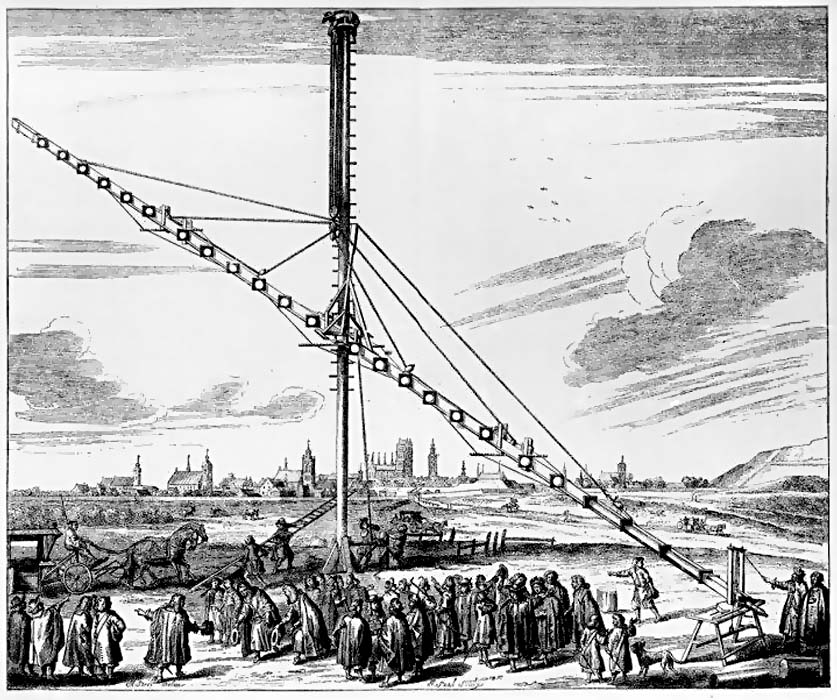 Image showing a crowd gathered to witness a large tower holding a telescope, with two men at the bottom right gathered near the base of the telescope. There are also figures with ladders and carriages and a city is visible in the background.