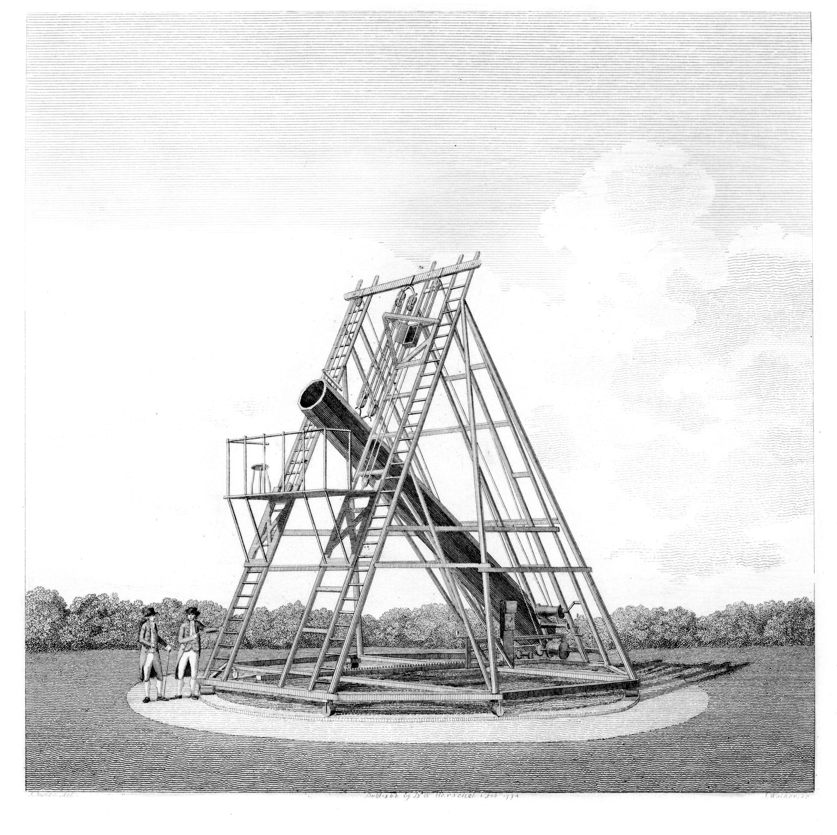 Black and white print of Herschel's twenty-foot reflecting telescope, 1794. Two men stand to the left of the apparatus, which is a large A-frame supporting a diagonal cylinder.