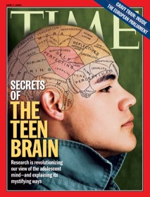 Cover of Time magazine from June 2004, depicting a phrenological diagram of an adolescent's brain and the text "Secrets of the Teen Brain: Research is revolutionizing our view of the adolescent mind--and explaining its mystifying ways."