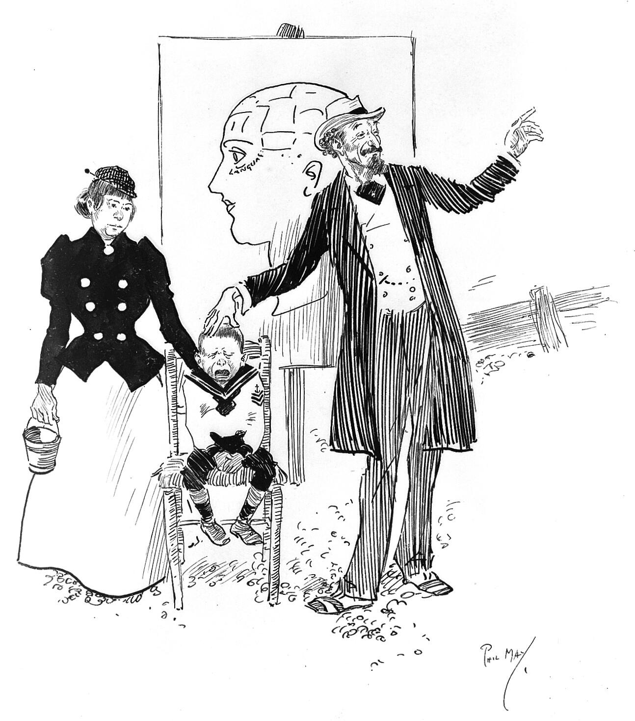 Ink drawing: a phrenology scene.