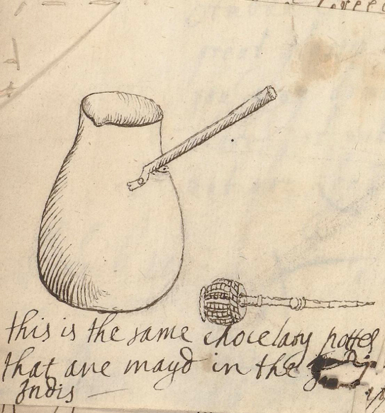 A sixteenth-century sketch of a teardrop-shaped pot with a long, straight handle.