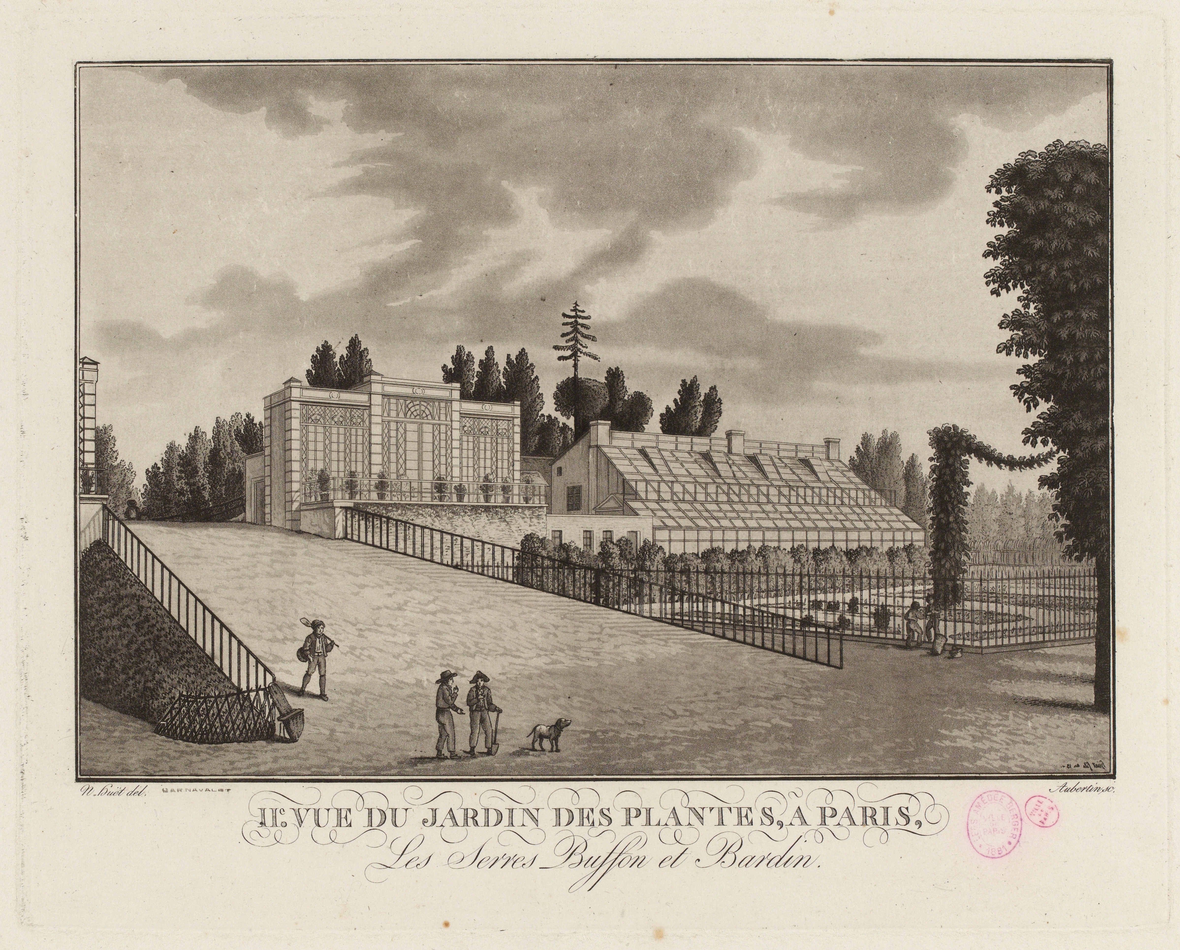 Engraving featuring two greenhouses and a couple people strolling the grounds of the garden.