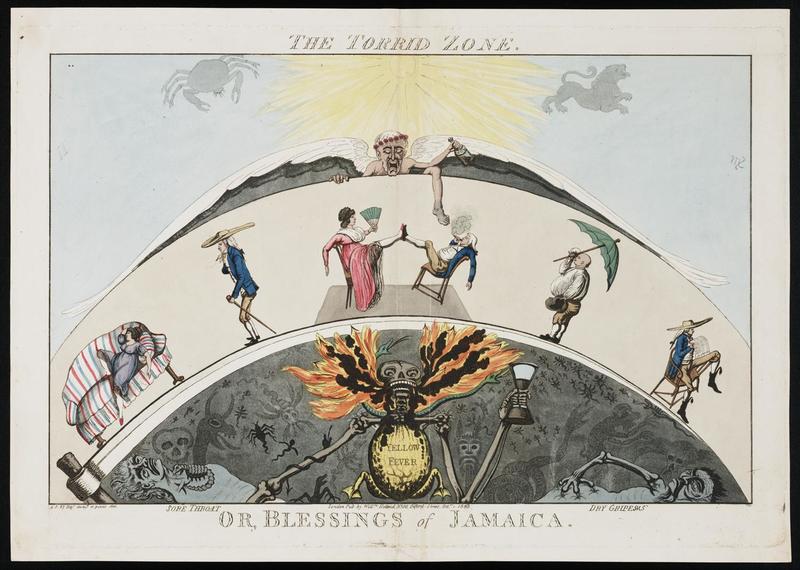 Depicts European settlers threatened by skull with flames representing "yellow fever" as well as by other ailments.